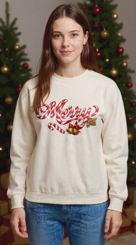 Candycane Script “Merry” Premium Crew Neck